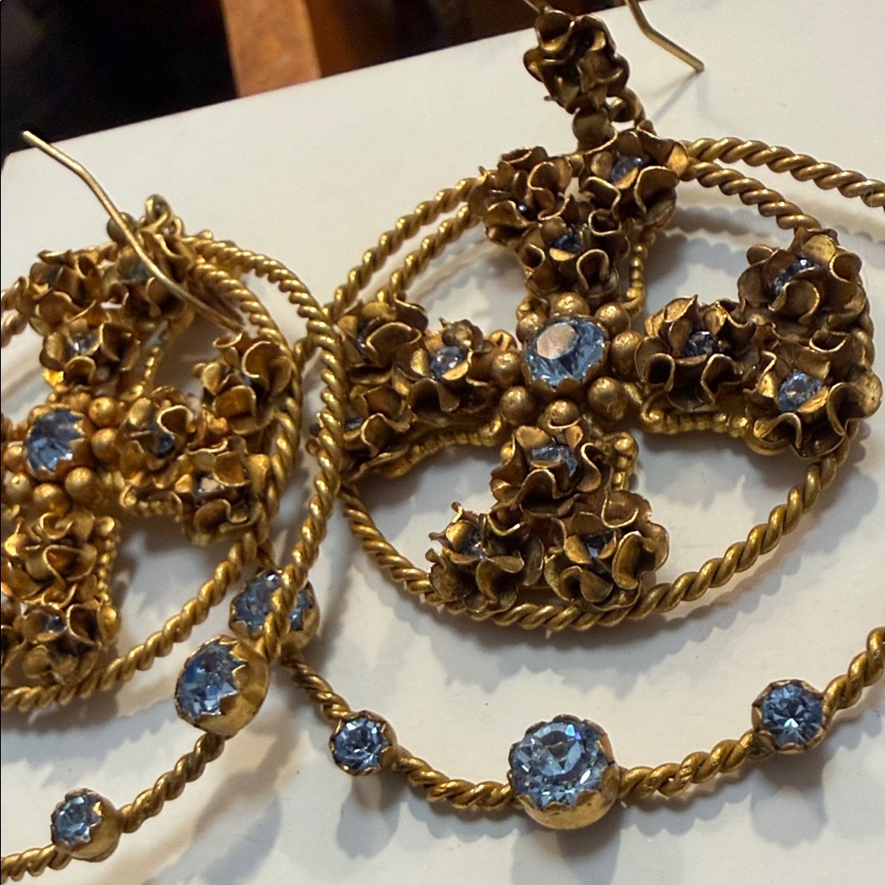 Virgin, Saints and Angels Elegant brass Celtic Cross Earrings/Blue Rhinestones - Picture 2 of 5